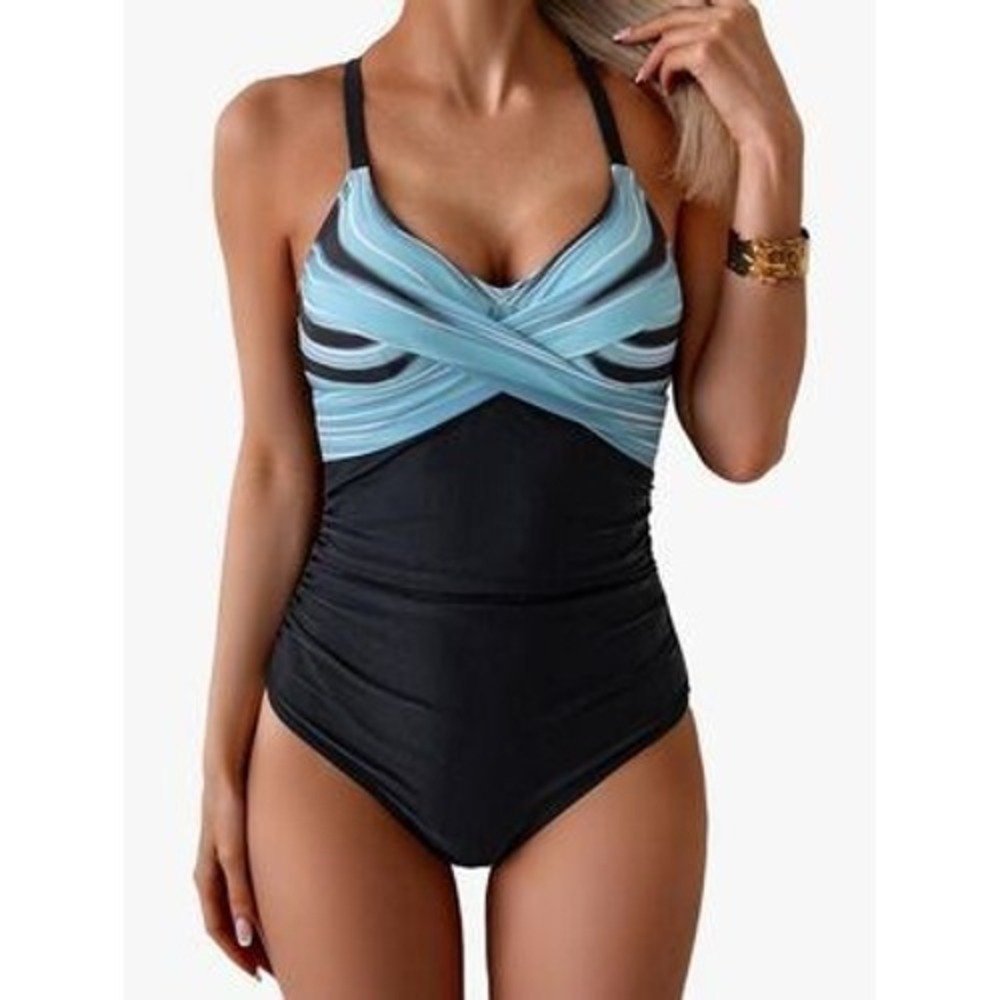 B2PRITY Womens One Piece Swimsuit Tummy Control Ruched Striped Black Blue XXL